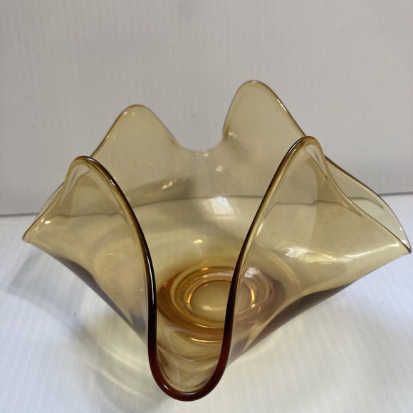 Vintage MCM Amber Handkerchief Ruffled Pinched Art Glass Bowl, Mid Century - Picture 2 of 11